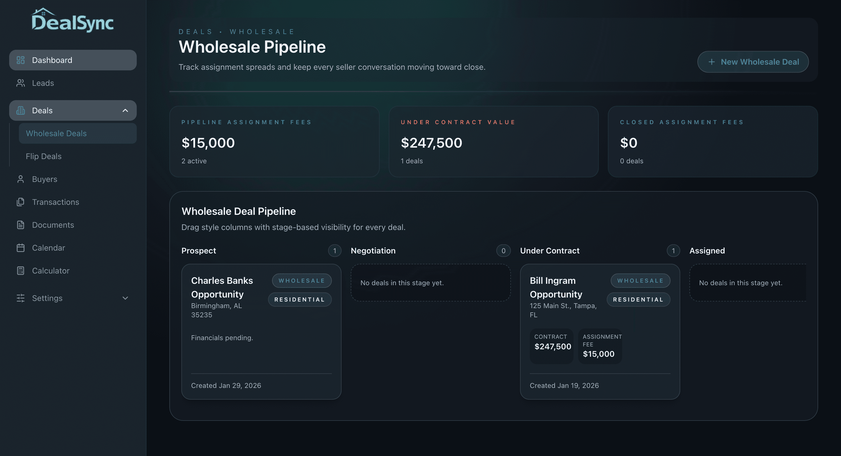 DealSync dark dashboard preview with deal pipeline